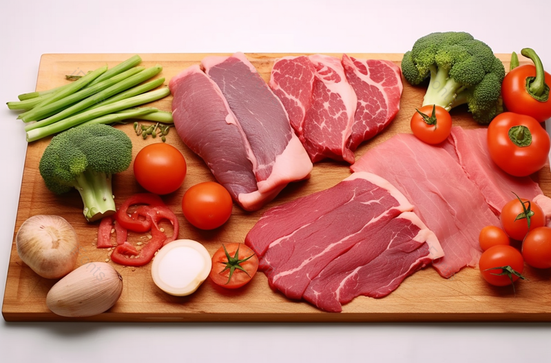 蔬菜红肉瘦肉木质案板白色背景,高清,摄影图,摄影图片,图片大全,摄影图免费下载